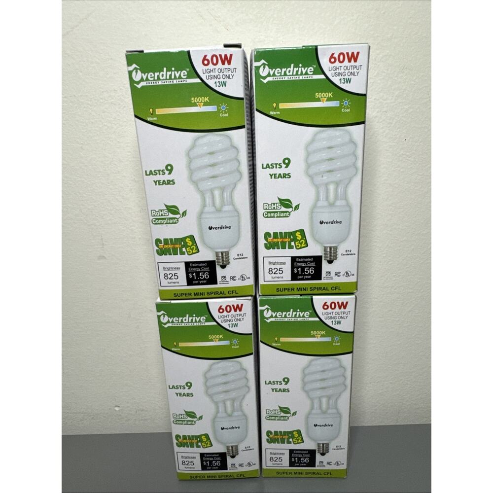 Global Consumer 4 Pack 13W = 60W Bright White CFL Candelabra Bulbs.
